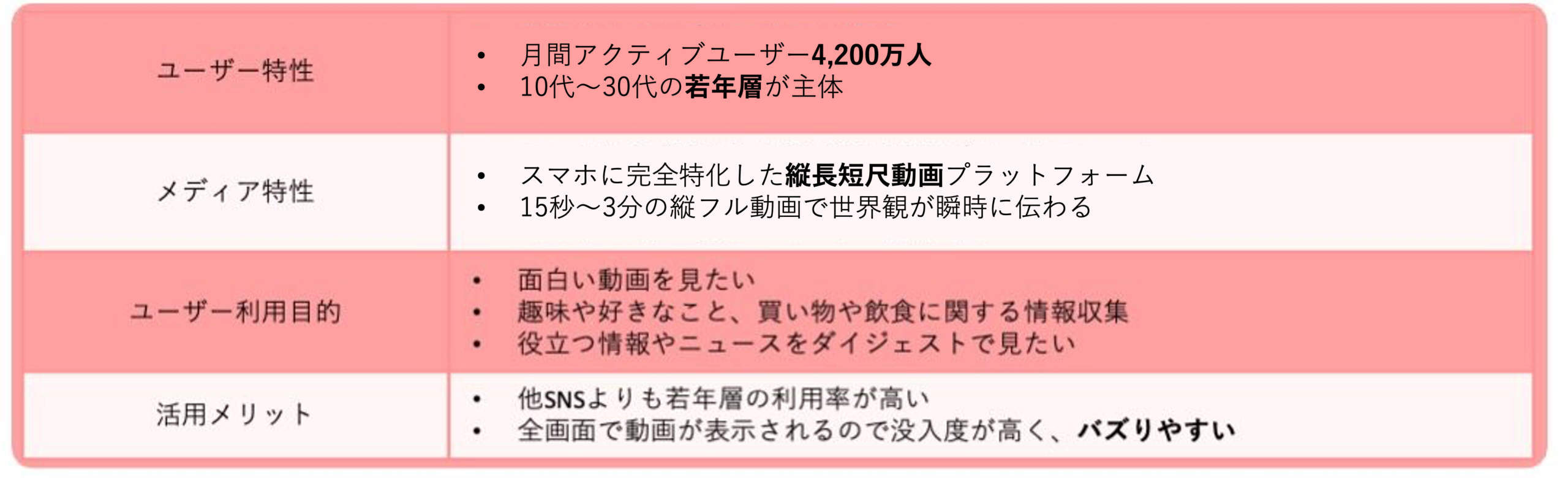 顧客体験を向上させる代表的なSNSの一つであるTikTokの特徴をまとめた表